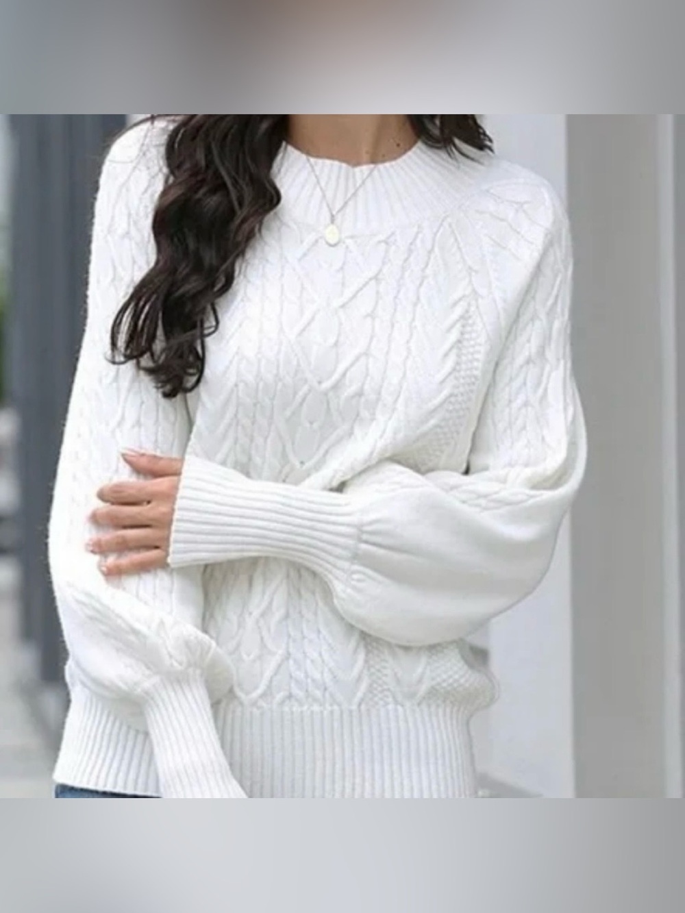Maison Mascallier Cable Knit Chunky Balloon Sleeve White Sweater Size Large